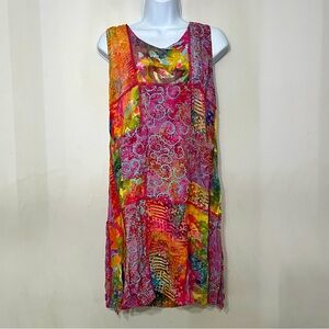 Tropical Tantrum Dress Hawaii Bright Floral Patchwork Pockets Boho‎ XS Mini